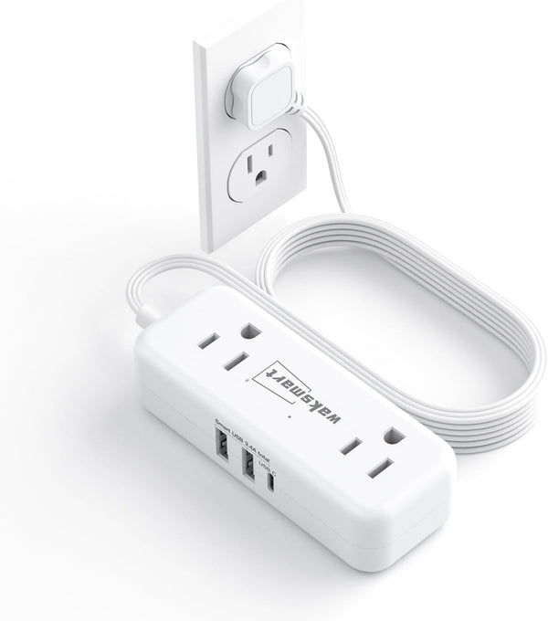Waksmart Flat Plug Power Strip - 5 Ft Thin Flat Extension Cord with