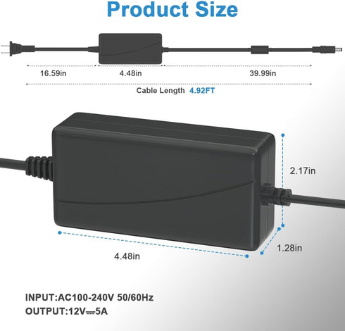 ZYHKJYL 12V 5A 60W 100-240v, 5.5x2.5mm Power Supply for LED Light Strips(with a Female DC Connctor), Security Camera