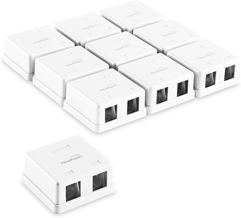 NavePoint Keystone Jack Surface-Mount Box, 2-Port White, 10-Pack
