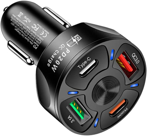 Car Charger Adapter - 4 Ports USB Fast Car Charger QC3.0/PD20W/Type-C/2.1A, Smart Shunt Car Phone Charger Compatible