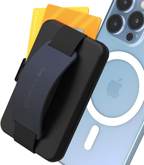 Sinjimoru M-Card Zip Navy for MagSafe Wallet - Secure Hard Lock Magnetic Card Holder as a MagSafe Stand and Grip for