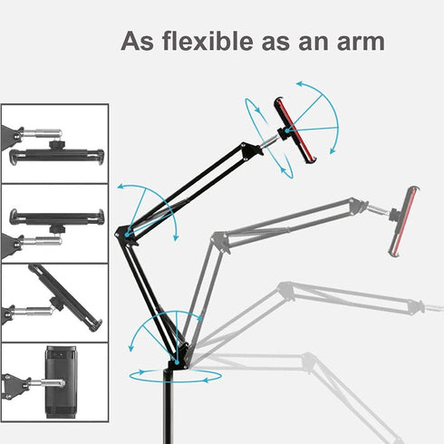 Heavy Duty Steel Phone/Tablet Floor Stand, Adjustable Mobile Cell Mount with 360 Degree Rotation, 4.6 Feet Long Arm