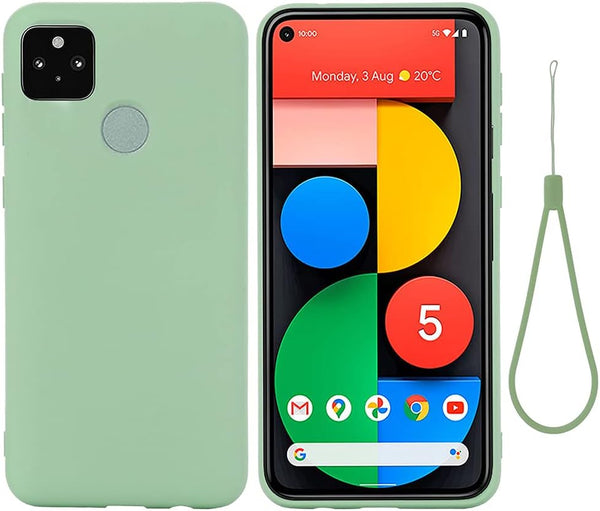 Cute Case for Pixel 5a - Green Silicone Cover for 5a 5G, Soft Rubber Gel Case with Lanyard, Girly Phone Case Women Case