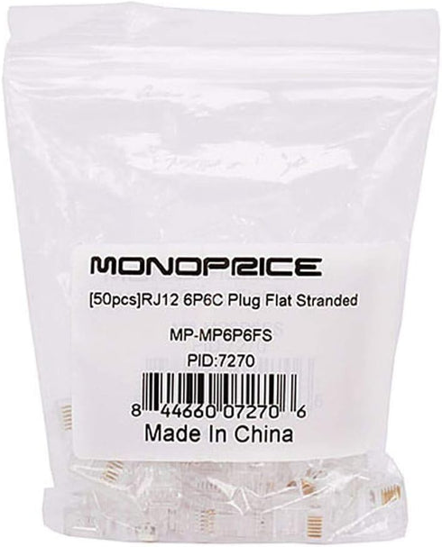 Monoprice 6P6C RJ12 Modular Plugs, 50 Pack, Clear, For Flat Solid/Stranded Cable