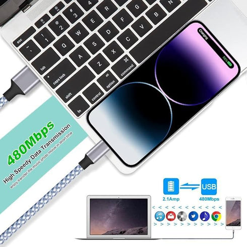 MFi Certified iPhone Charger 3-Pack 6ft Nylon Braided USB-A to Lightning Fast Charging Cable for iPhone 14/13/12/11 Pro