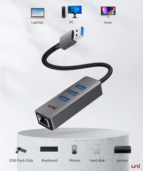 uni USB to Ethernet Adapter, USB 3.0 Hub with 100/1000 Mbps RJ45 Ethernet, 4-in-1 USB-A to LAN Network Adapter