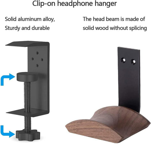 Walnut Headset Holder with Solid Metal, Adjustable Design for All Headphone Sizes - Compatible Headphone Hanger.