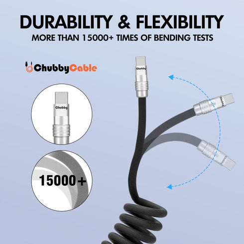 chubbycable Curly Chubby - Retractable Fast Charging Cable, 240W Coiled Charger Cord for Car, Durable USB-C Cable for