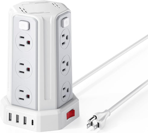 Power Strip Surge Protector, 10 Ft Extension Cord with 12 AC Outlets, 4 USB (1 USB C), White Desktop Charging Station