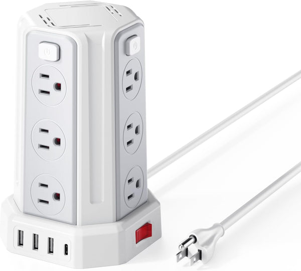 Power Strip Surge Protector, 10 Ft Extension Cord with 12 AC Outlets, 4 USB (1 USB C), White Desktop Charging Station