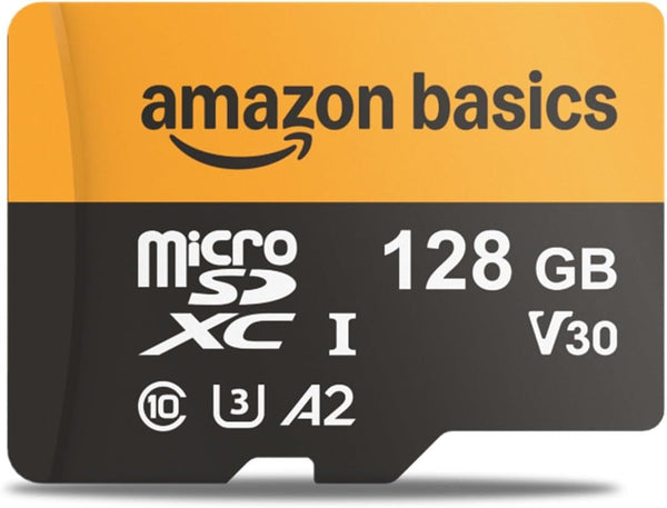 Amazon Basics 128GB microSDXC Memory Card with Adapter for Smartphones, Drones, Cameras, Full HD,