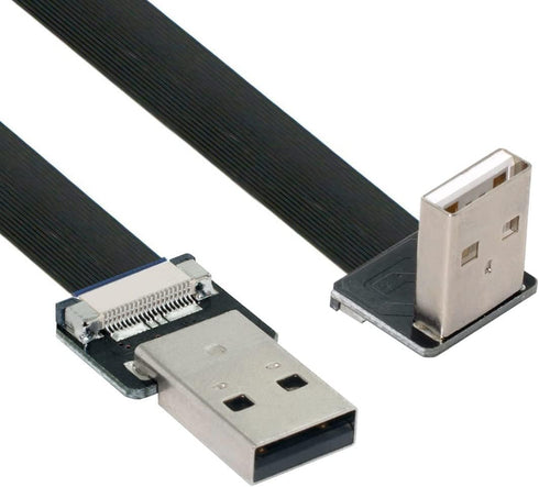 cablecc USB 2.0 Type-A Male to Male Data Flat Slim FPC Cable Down Angled 90 Degree for FPV, Disk, Scanner & Printer 20CM