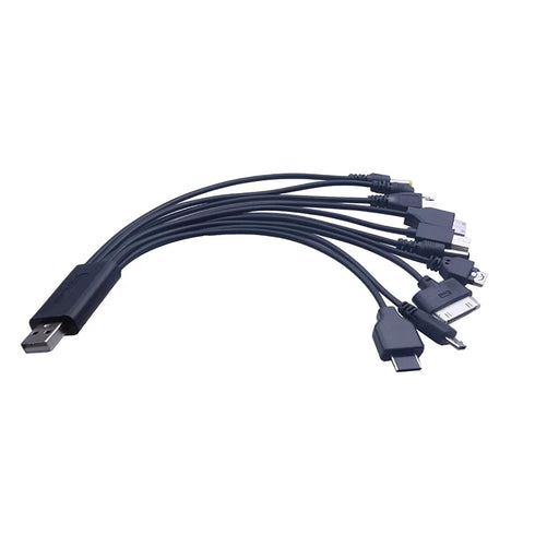 Black 10 in 1 Universal USB Cable - Multiple Universal Charging Cable for Cell Phones, Bluetooth Earphones, and more