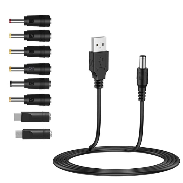 USB to DC 5V Power Cord, Universal DC 5.5x2.1mm Cable with 8 Connectors (6.4x4.4, 5.5x2.5, 4.8x1.7, 4.0x1.7, 3.5x1.35,