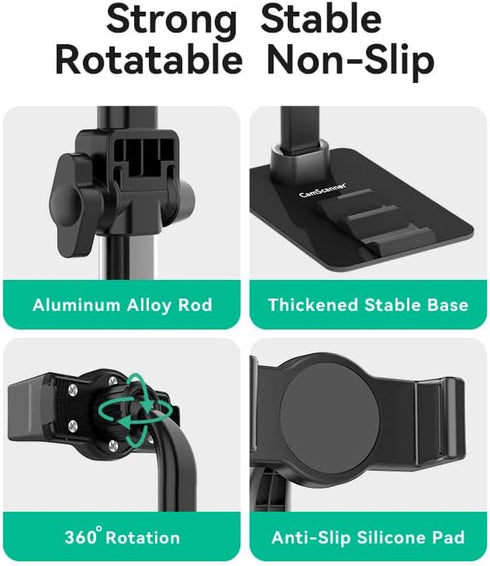 CamScanner 360 Phone(1 Pack) Adjustable Phone Stand, Rotatable Clip-On Holder,Desk Mount with Non-Slip Base
