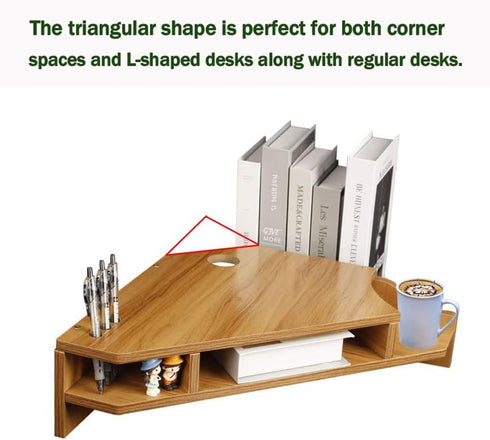 Triangle Monitor Stand Riser, Cut Triangle Desktop Corner Shelf with Drawers, Wooden Computer Stand with Storage for