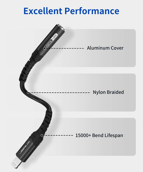 JSAUX iPhone Headphone Adapter, Lightning to 3.5mm, MFi Certified, Compatible with iPhone 14/13/12/11/SE/X/8 - Black