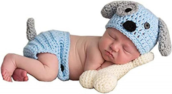 Newborn Baby Girl Boy Photo Props, Crochet Knitted Blue Dog Hat & Shorts Set for Photography Shoot (0-6 Months)