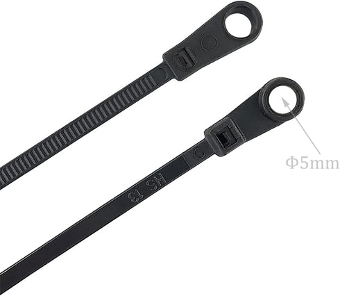 HS Plastic Ties with Screw Holes, 100 Pack, 7.5 Inch Mount Head Electrical Zip Ties, 50 LBS, UV Black