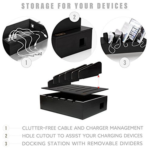 Prosumer's Choice Black Family Charging Station, 5 Device Organizer Charger for Smartphones and Tablets, Wooden Rack