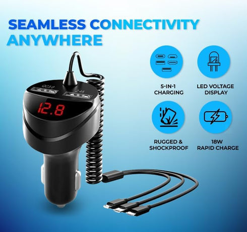 Retractable Car Charger 5 in 1 with Voltage Monitoring LED Display, 18W Car Phone Charger with Built-in Retractable