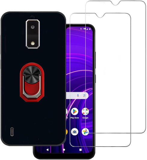 BLU View 4 B135DL Case 2 Pack with Tempered Glass Screen Protector, Full Body Shock Protective Kickstand Case - Red