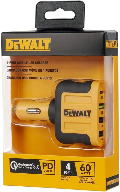 DEWALT 60W USB C Car Charger, 4 Port Fast Adapter, PD Type C Compatible with iPhone 15/Samsung, Cigarette Lighter