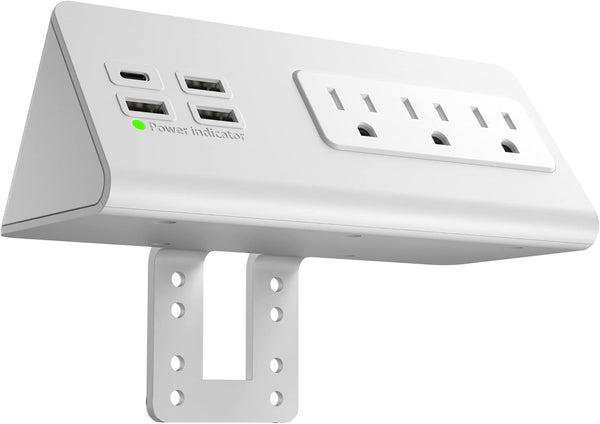 Nightstand Edge Mount Power Strip with USB-C Ports, Tabletop Surge Protector with 3 AC Outlets