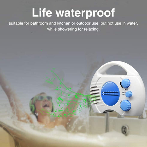 Portable AM/FM Shower Radio, Waterproof Hanging Radio with Built-in Speaker (Blue+White)