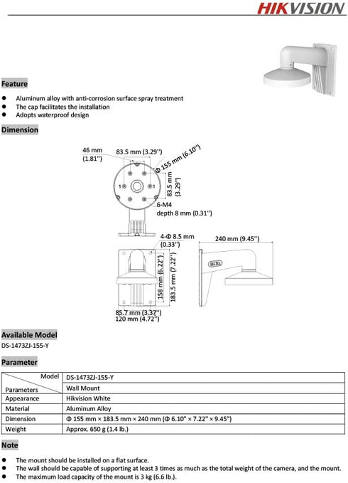 PC155 WMS WML DS-1473ZJ-155 Wall Mount Bracket Compatible with Hik Vision Turret Camera DS-2CD2387G2P-LSU/SL, Camera