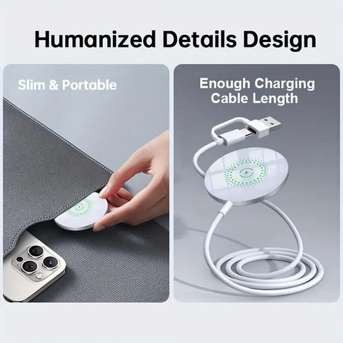 Generic 15W 2-in-1 Magnetic Wireless Charger, Ultra-Thin Charging Pad with USB-A & USB-C Cable, Fast Wireless Charging