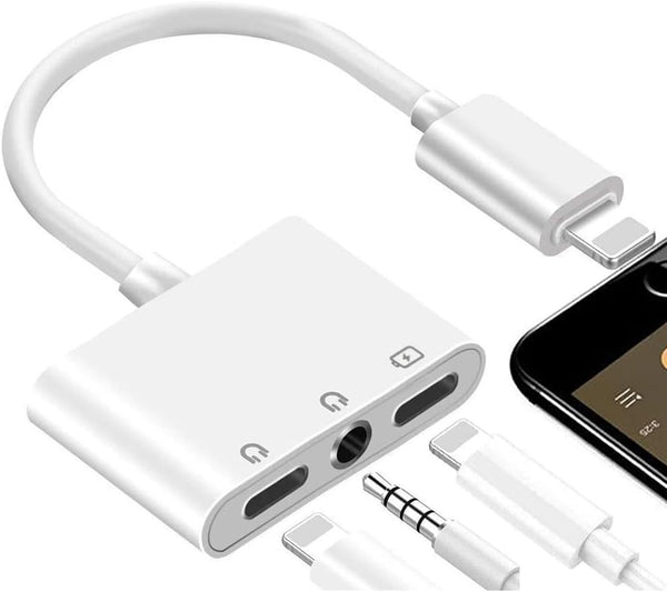 3 in 1 Lightning to Headphone Adapter for iPhone 13/12/11/SE/XS/XR/X/8/7 & iPad - 3.5mm Jack & Charging Splitter