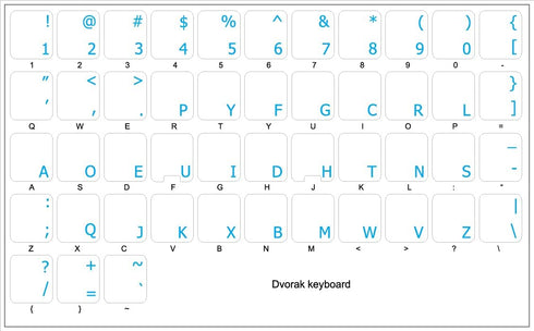 4Keyboard Dvorak Simplified Keyboard Stickers with Blue Lettering ON Transparent Background