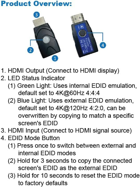 THWT 2.1 4K 4K-EWB), Pre-Set 4K@60Hz 4:4:4 4K@120Hz 4:2:0 2.1 HDMI EDID Emulator (Model: Supports SCDC and EDID Copying