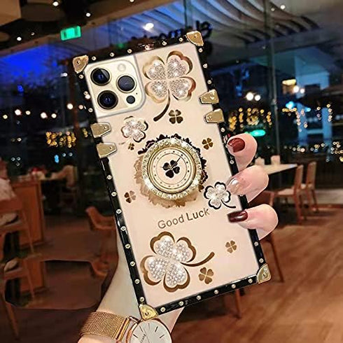 for Samsung Galaxy S21 Ultra Bling Case Fashion Square Bling Diamond Glitter Soft Trunk Cover with Ring Holder Kickstand Phone Skin,Gold