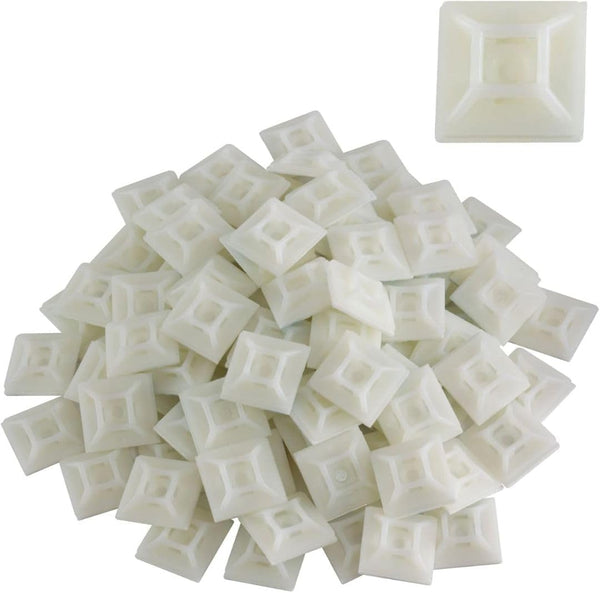 GTSE 100 Pack White Zip Tie Mounts, 1" Adhesive Mounting Squares, Cable Tie Mount Organizer Holders