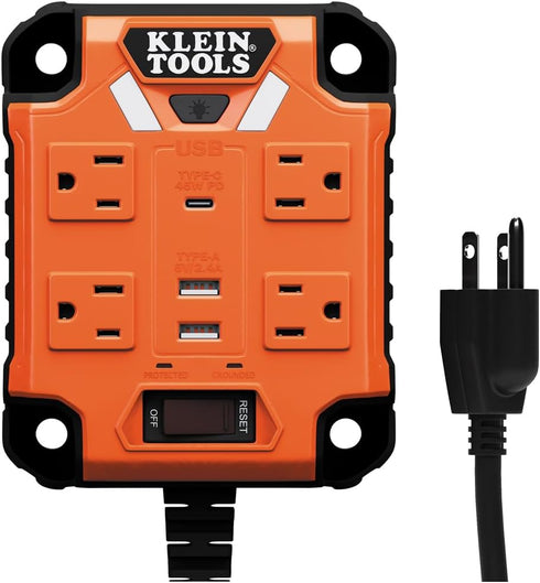 Klein Tools 29601 Magnetic Power Strip with Surge Protector, 4 Outlets, 3 USB Ports, 5-Foot Cord