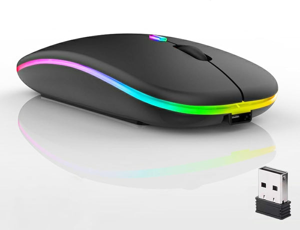 Wireless Bluetooth Mouse, LED Dual Mode Rechargeable Silent Slim Laptop Mouse, Portable (BT5.2 + USB Receiver) Black