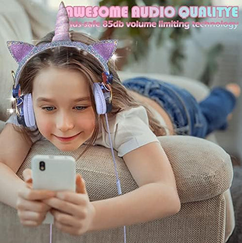 SVYHUOK Kids Headphones for Girls Children Teens, Cute Cat Ear Wired Headphones with Microphone 3.5mm Jack, Over On Ear
