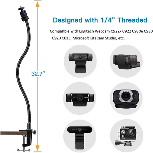 Etubby 27" C925X, C922, C930e, C930, C920, C615, (1/4" Webcam Stand Holder Adjustable Gooseneck Desktop Camera Desk