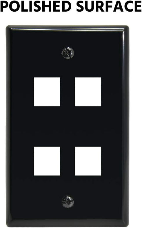 4 Port Keystone Jack Wall Plate, Smooth Face, 5-Pack, Black