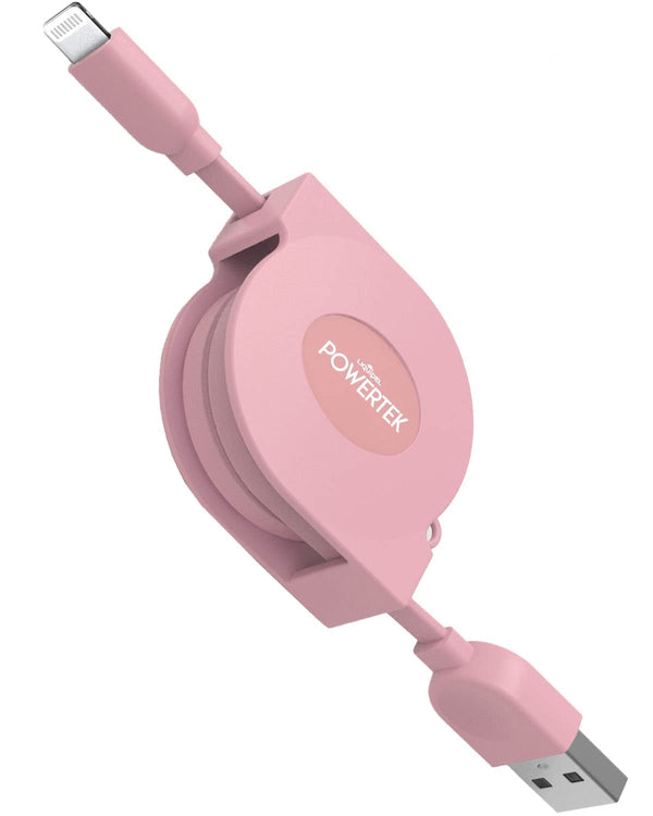 LIQUIPEL Powertek Retractable MFi Certified Charger, 3ft Lightning to USB Cable for Fast Charging (Pink)