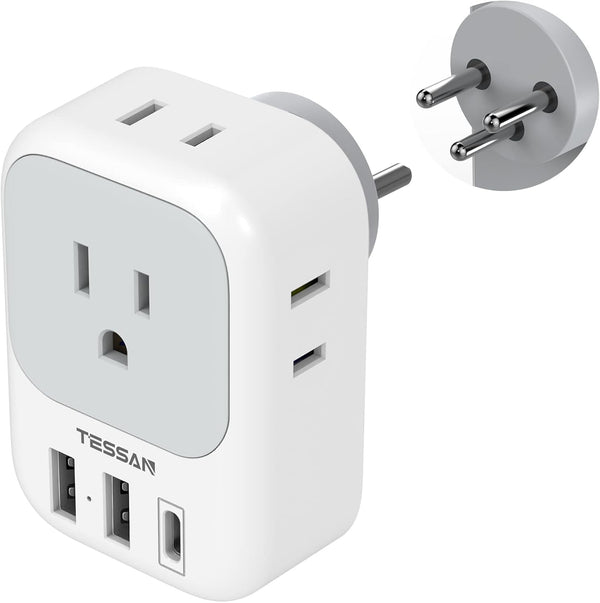 TESSAN Israel Power Adapter, US to Israel Plug Adapter with 4 American Outlets, 3 USB Charger