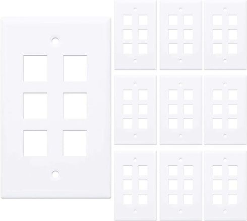 10-Pack 6 Port Keystone Wall Plate, Hexa Gang White Jack Insert for Ethernet, Coax, HDMI WallPlate Cover