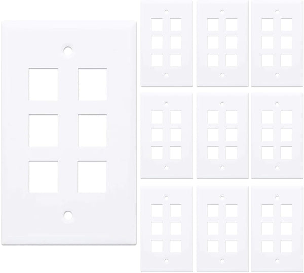 10-Pack 6 Port Keystone Wall Plate, Hexa Gang White Jack Insert for Ethernet, Coax, HDMI WallPlate Cover