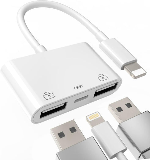 iPhone OTG Adapter Lightning Male to Dual USB Female Charger Cable Dongle for Apple 14 13 12 11 Pro Max 8 7