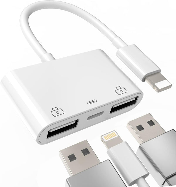 iPhone OTG Adapter Lightning Male to Dual USB Female Charger Cable Dongle for Apple 14 13 12 11 Pro Max 8 7