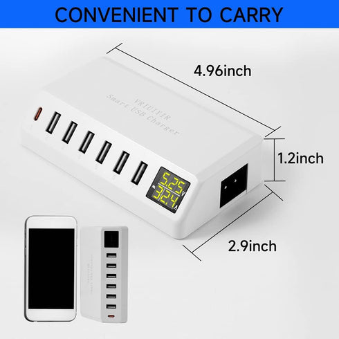 USB Charging Station, 60W/12A 7-Port USB Charger with LED Display for Multiple Devices, PD20W USB C Charger (White)