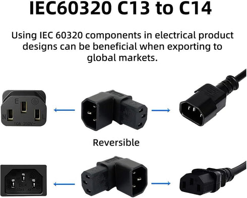 JSER IEC Male C14 to Right Angled 90 Degree IEC Female C13 Power Extension Adapter, 220V 10A Max
