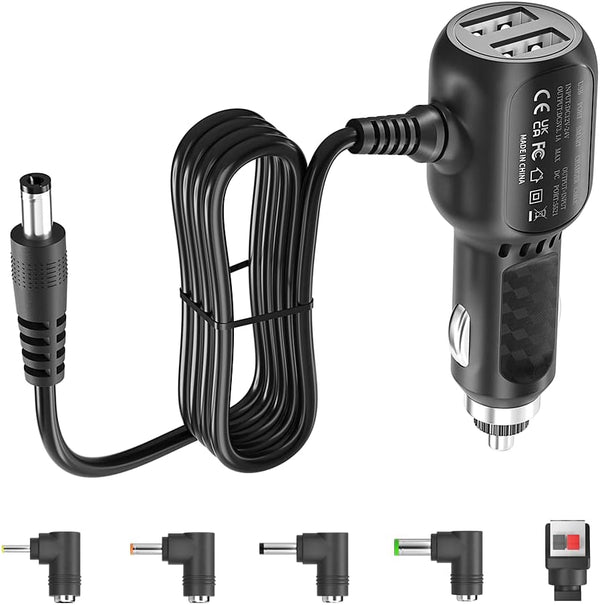 12V Car Charger with 5V Dual USB Ports and 5 Connectors for Radar Detector, Portable Air Pump, 6.6ft Cable